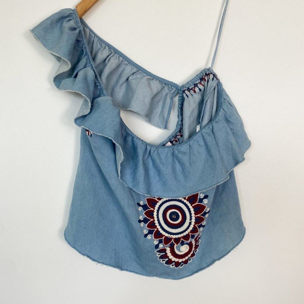 Zara Blue Asymmetrical One-Shoulder Embroidered Boho Ruffled Crop Top - Picture 2 of 12